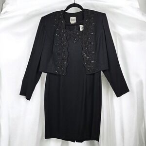 Vintage R&M Richards by Karen Kwong Dress Jacket Set Woman 12 Black Sequins Lace